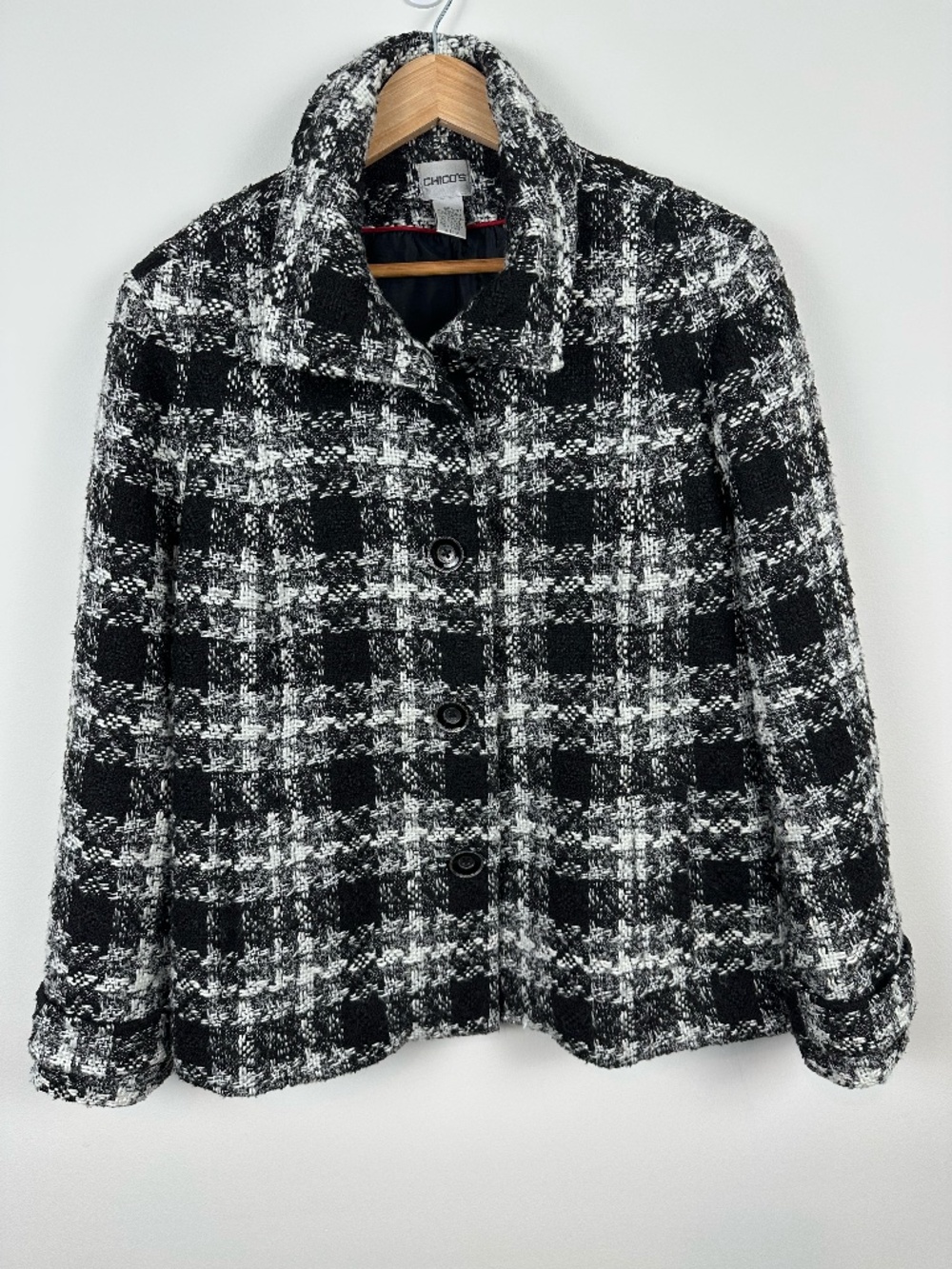 Chico's Size 3 or XL Black White Plaid Boucle Tweed Jacket Blazer